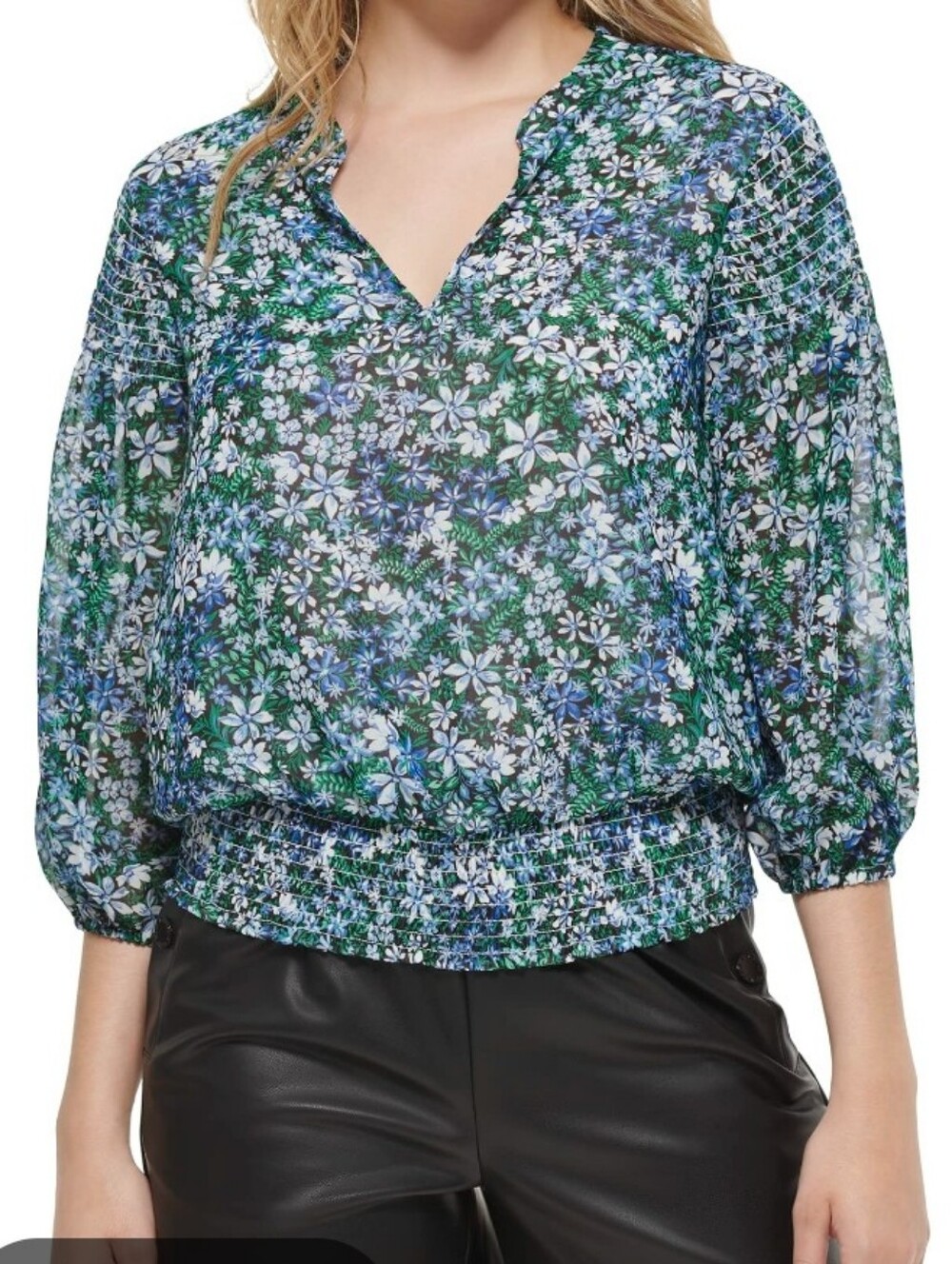 Karl Lagerfeld Blue & Green Floral Split V-Neck Tunic